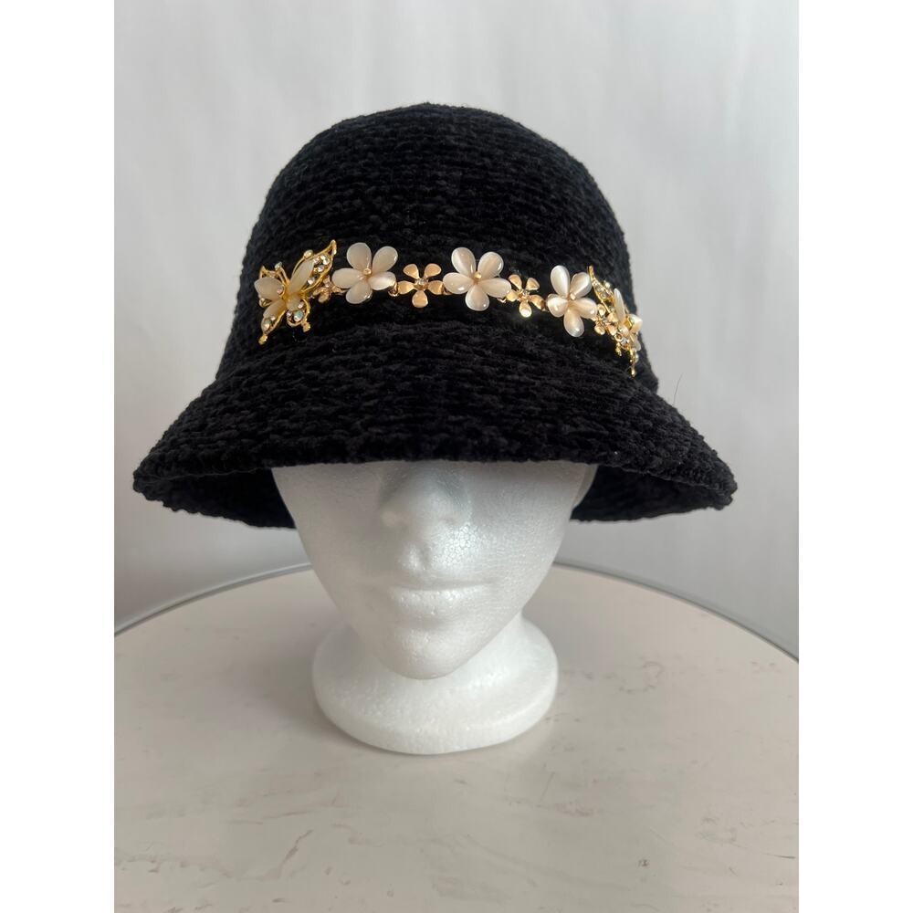 AUGUST HAT COMPANY BLACK W/ GOLD PEARL BUTTERFLY AND FLOWER EMBELLSHMENTS